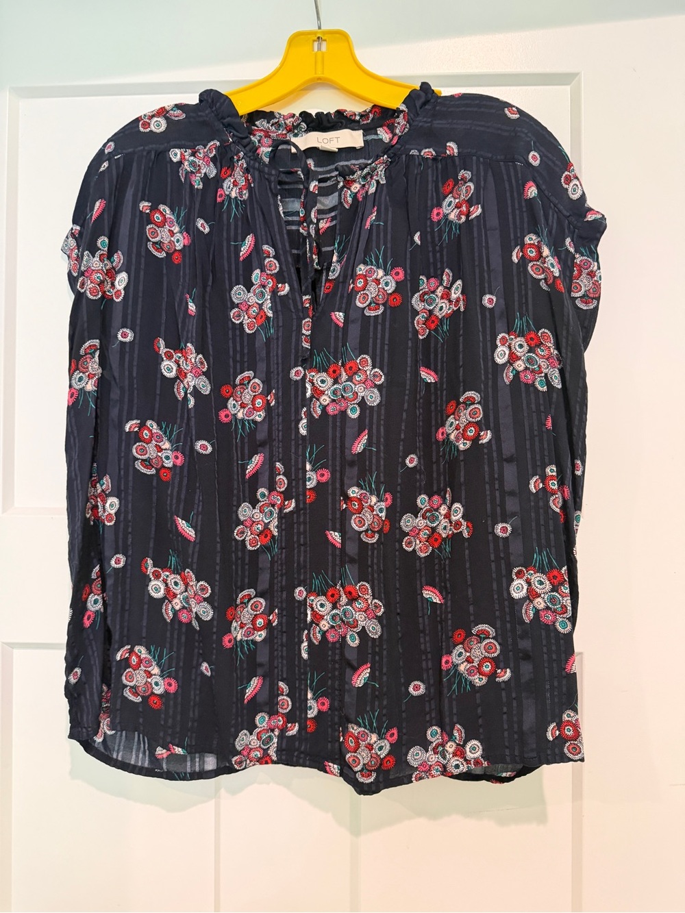 LOFT Navy Floral Tie-Neck Blouse-Size M